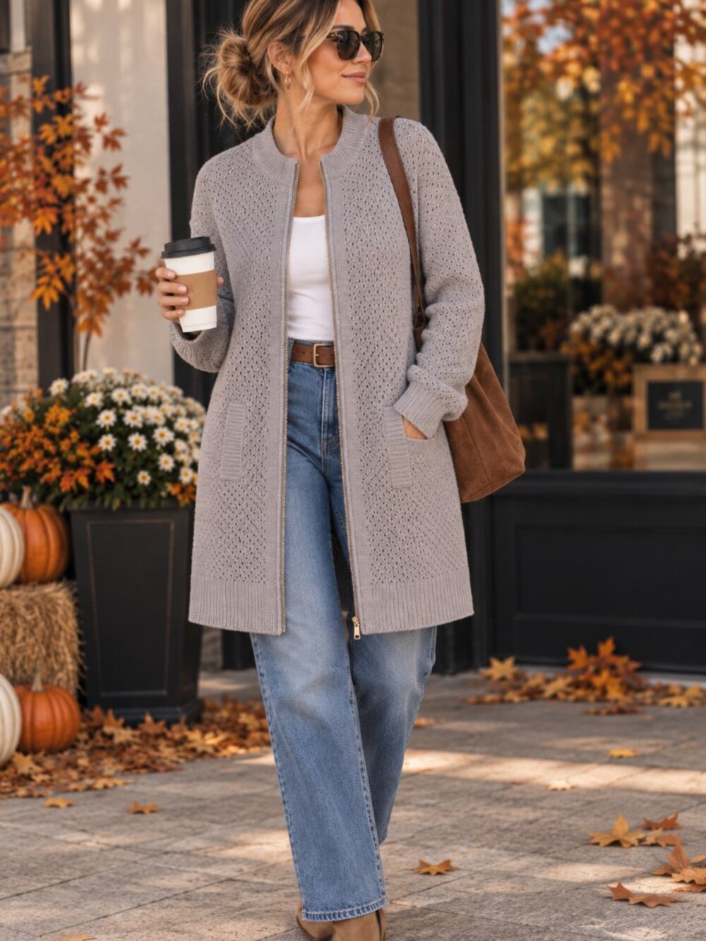 741 - Ann Taylor Factory Longline Zip Front Cardigan Sweater Grey